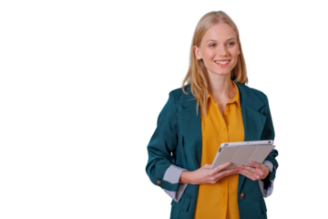 Professional young businesswoman smiling, holding a digital tablet, standing confidently with a transparent background