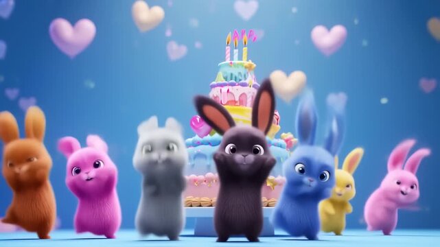 A whimsical scene of animated bunnies dancing around a cake with candles and floating hearts
