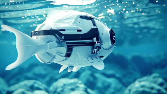 Futuristic bionic fish shaped autonomous underwater vehicle with a camera eye gliding through deep blue ocean for scientific exploration, environmental monitoring and surveillance