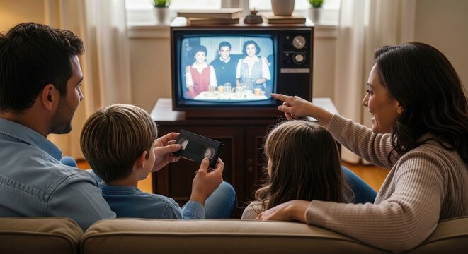 Family remembers national day of listening, cherishing old footage on vintage television, preserving history, uniting generations, watching memories together.