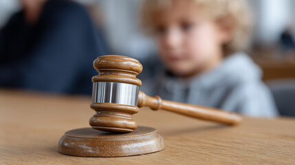 Divorce custody hearing. Wooden gavel in courtroom, child observing adoption or guardianship case