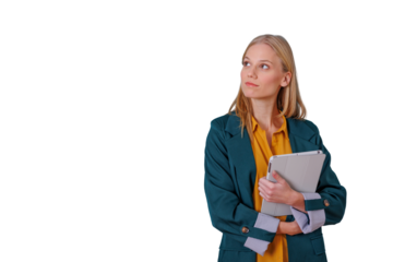 Businesswoman standing, holding tablet, looking up, thinking about future ideas, creative solutions, innovation