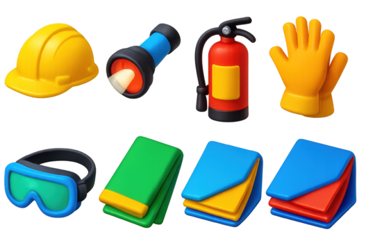 Set of safety equipment including a hard hat, goggles, and gloves
