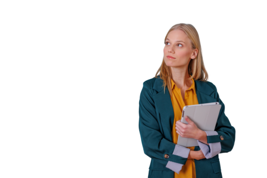 Businesswoman standing, holding tablet, looking up, thinking about future ideas, creative solutions, innovation