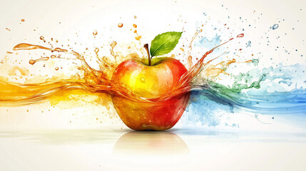 Red apple with colorful water elements in orange and blue, vibrant abstract art with splash