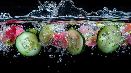 Cucumber slices and petals in water splash on black background. Bright concept of freshness and hydration