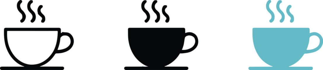 coffee cup symbol trio steam mug saucer flat vector icons