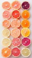 Vibrant citrus slice arrangement. Colorful background for fresh summer design and kitchen decor