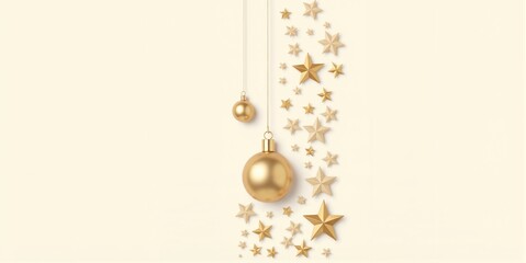 Gold Christmas ornaments and stars on neutral background