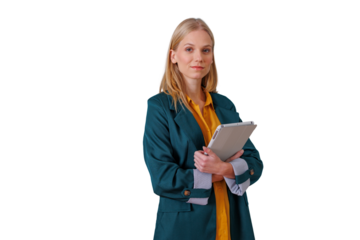 Businesswoman holding tablet, looking at camera, confident professional portrait, transparent background