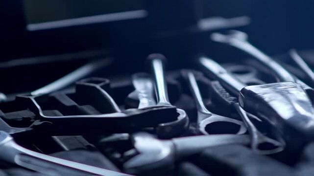 A close-up of a mechanic's tool set with a shallow depth of field, sparks flying