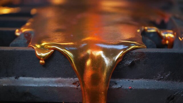 Molten gold flowing in an industrial setting, reflecting warmth and value