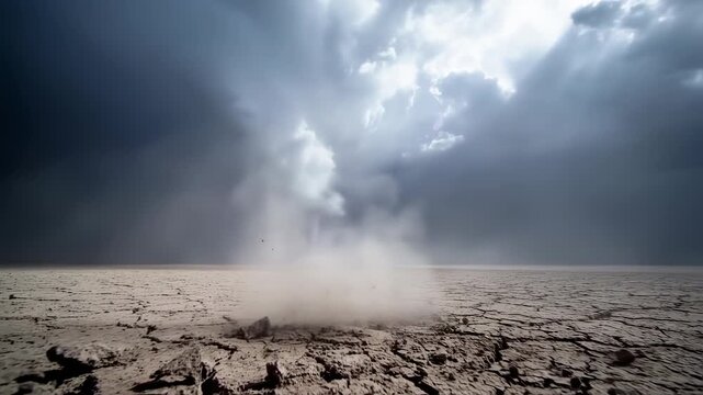 A dust devil rises from cracked earth beneath a stormy sky. Light beams through clouds