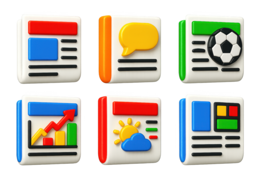 Set of six colorful icons for different types of news articles