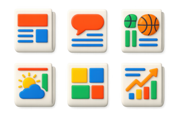 Vibrant 3D Newspaper Icons. 3D icon set of newspaper article types: front page, opinion column, sports section, business brief,