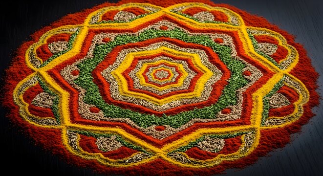 An overhead shot showcases a vibrant and intricate rangoli pattern, radiating from a central point with concentric layers of colorful grains and powders