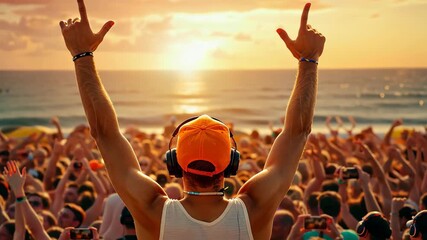 Energy Surge: Capturing the vibrant energy of a beachside music festival, the DJ, arms raised, embodies the electrifying atmosphere.