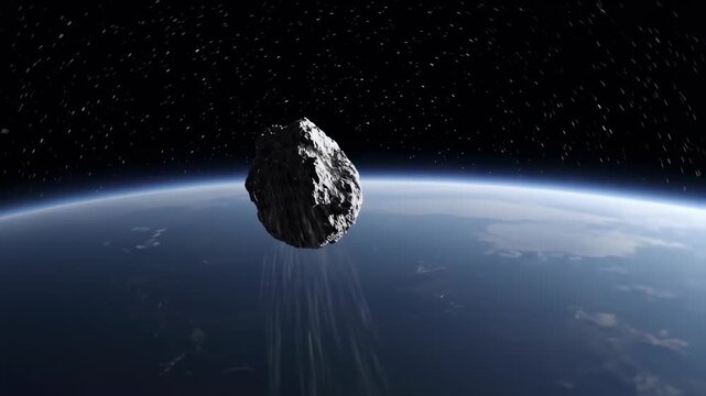 A textured asteroid hurtles towards an Earth-like planet with visible atmosphere and stars