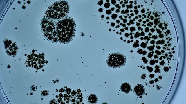 Close-up of petri dish with several dark, circular colonies on pale blue agar