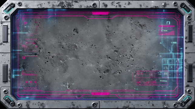 Hi-tech sci-fi digital interface screen with neon elements on a weathered concrete surface, framed by metallic futuristic edges.