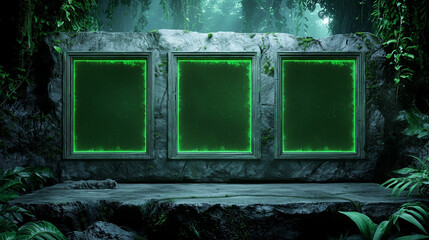 Three glowing green screens framed in stone stand in a lush jungle environment, evoking mystery and futuristic ancient technology.