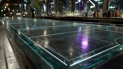 Futuristic illuminated bar counter with glowing digital patterns, in a modern nightlife setting with bottles in the background.
