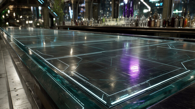Futuristic illuminated bar counter with glowing digital patterns, in a modern nightlife setting with bottles in the background.
