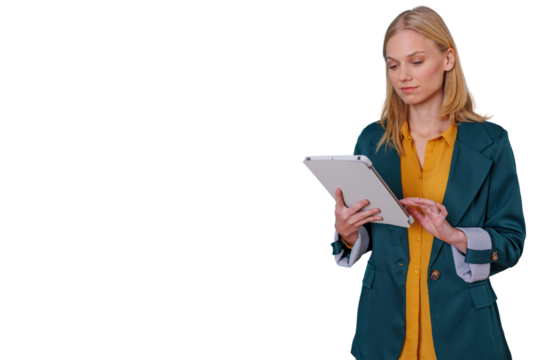 Businesswoman using digital tablet for remote work and corporate communication, transparent background