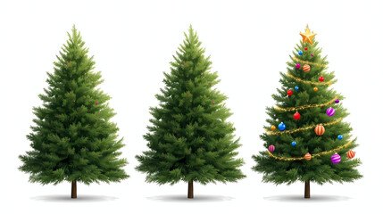 Fototapeta premium Three Christmas trees one decorated with ornaments and a star ready for festive season greetings and holiday cheer in a magical winter wonderland setting