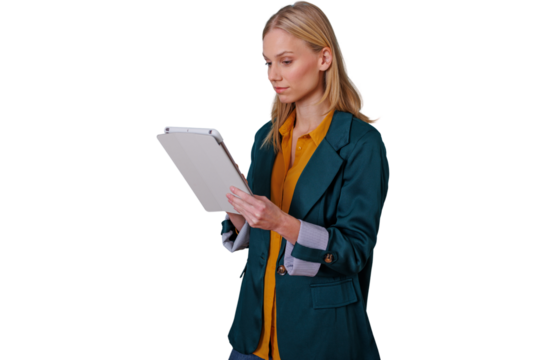 Professional woman standing, holding digital tablet, working, focused on portable device on transparent background