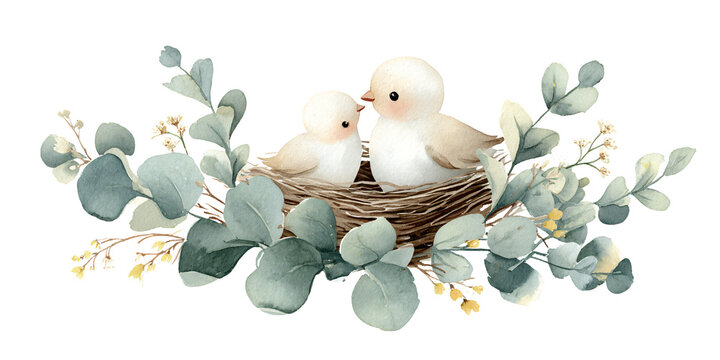 Watercolor illustration of two cute birds in a nest surrounded by eucalyptus leaves and small yellow flowers Concept of spring, nature, and motherhood