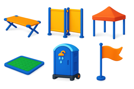 Set of blue and orange items, including a tent, a portable toilet, a bench