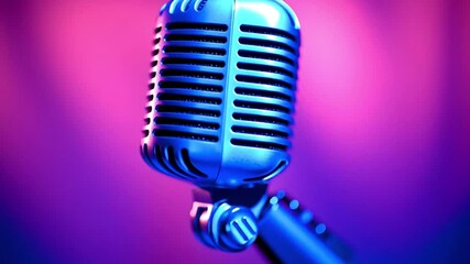 Professional retro microphone standing on stage in a dark club, illuminated by vibrant blue and purple neon lights, ready for a singer to perform a live music show or for a radio broadcast