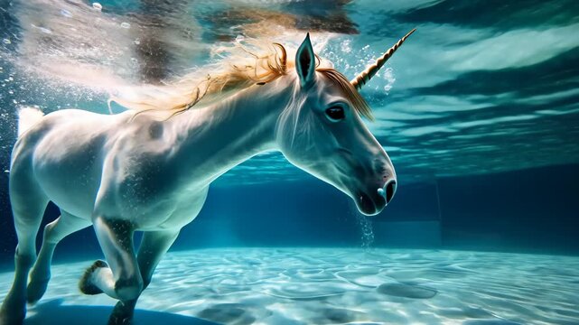 Underwater Unicorn: A mystical unicorn gracefully navigates through the enchanting underwater realm, its horn gleaming as it explores the depths of the ocean.
