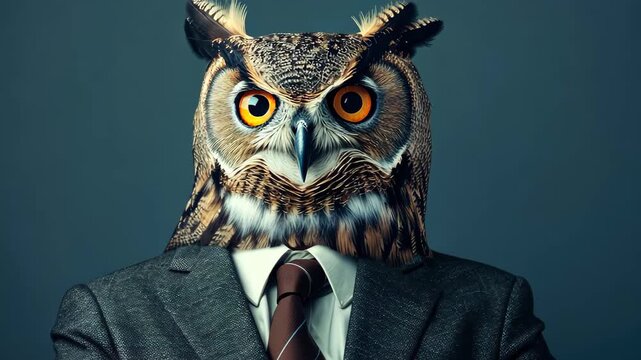 Wise Owl in a Suit: An owl with piercing yellow eyes, personifying knowledge and intelligence, dons a tailored suit, suggesting a unique blend of wisdom and professionalism.