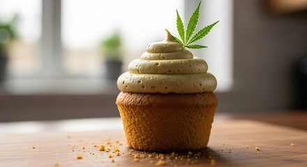 Cupcake with green frosting and dripping glaze and hemp leaf decoration, sweet dessert food for cannabis culture related event