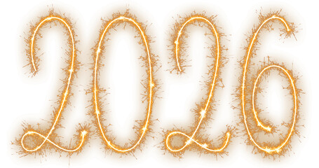 2026 happy new year date formed by sparkling gold sparkler light isolated on a transparent background
