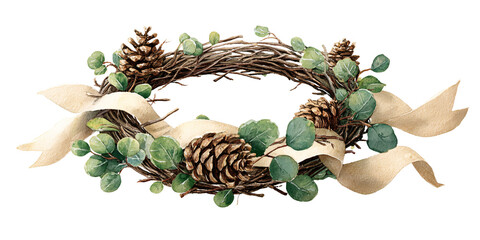 Fototapeta premium Watercolor Christmas Wreath with Pine Cones, Eucalyptus Leaves, and Beige Ribbon for Holiday Decoration and Festive Design