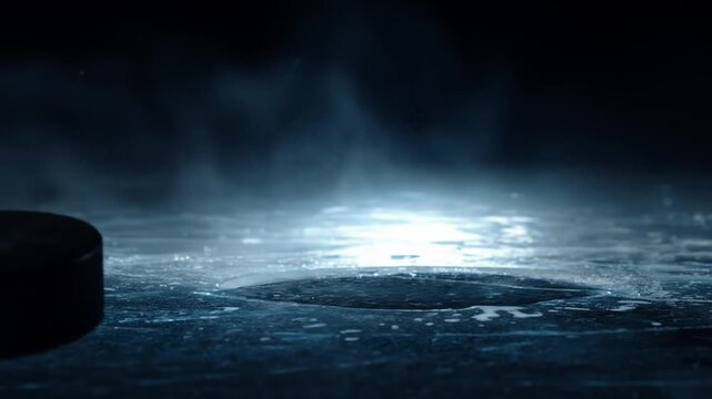 Hockey puck on a dark, cold ice surface with dramatic blue light and smoky mist, ready for a winter sports game