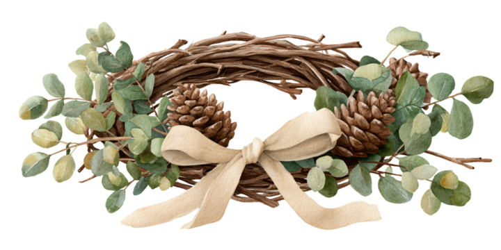 Rustic Watercolor Wreath with Eucalyptus and Pine Cones, tied with a Beige Ribbon Concept of Autumn, Christmas, and Holiday Decoration