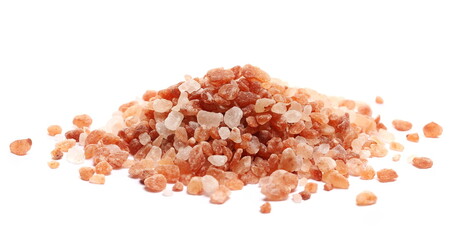 Himalayan salt grains pile isolated on white background, side view
