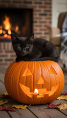 Obraz premium A black cat sits atop a carved pumpkin with a smiling face. Behind it, a warm fireplace creates a cozy autumn atmosphere filled with seasonal decorations