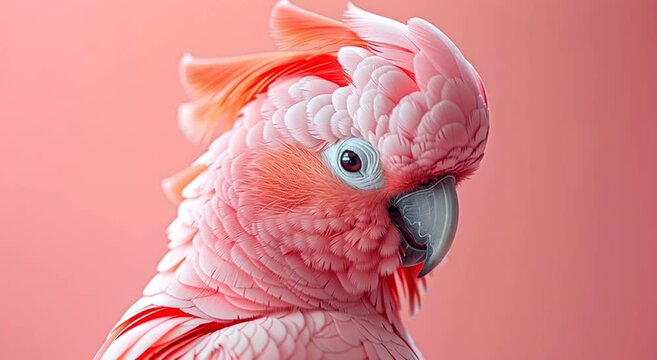 Close-up of a vibrant pink cockatoo with a crest on a pastel background. Exotic bird with detailed feather texture and expressive gaze symbolizing tropical nature