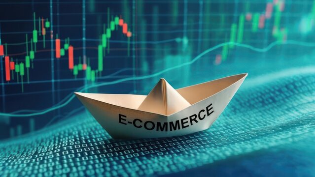 A paper boat, labeled "E-COMMERCE," sits atop a digital backdrop of binary code and stock charts