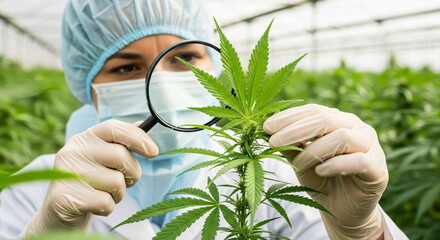 Woman scientist inspecting plant with mask and glove in greenhouse. Researcher examining green cannabis cultivation. Medical cannabis research
