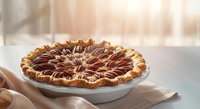 Homemade pecan pie on a bright background. Golden crust, caramel filling, and warm sunlight create a cozy and festive atmosphere