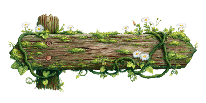 Rustic wooden sign with moss and daisies, blank space for text, nature themed design element for fairytale, fantasy, or whimsical projects - Powered by Adobe