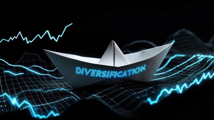 A paper boat, signifying diversification, floats on a dark background with glowing financial charts