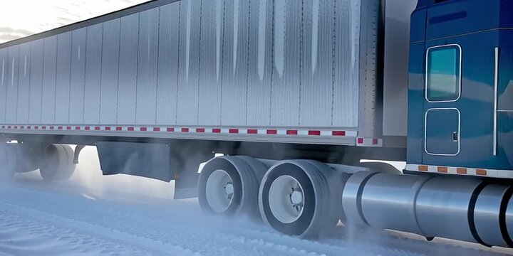 Truck driving on a snowy road through a winter landscape. Concept of transportation, logistics, and delivery in extreme cold conditions