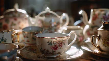 A collection of ornate teacups illuminated by sunlight on a wooden surface. - Powered by Adobe